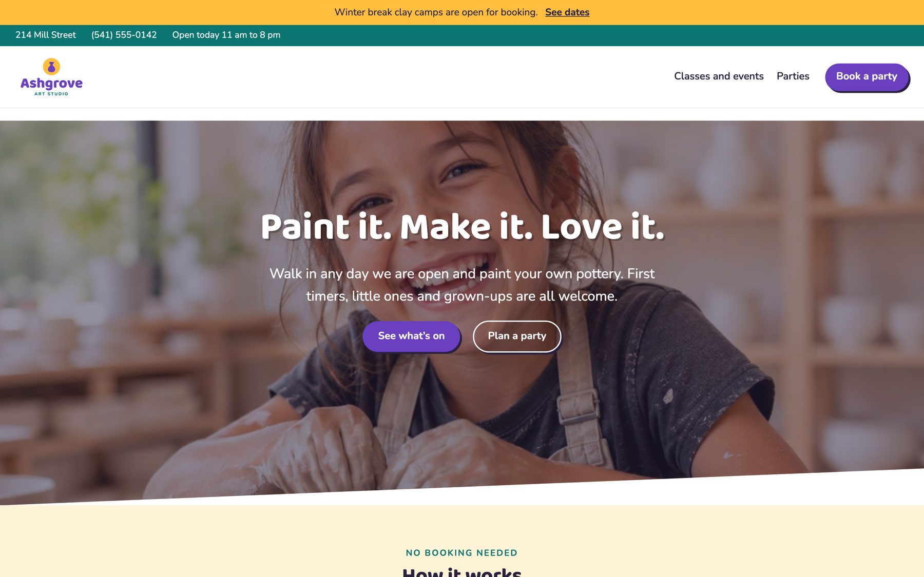 The Bright and playful sample site on a desktop: a studio home page with a hero picture, the address and opening hours, and a Book a party button