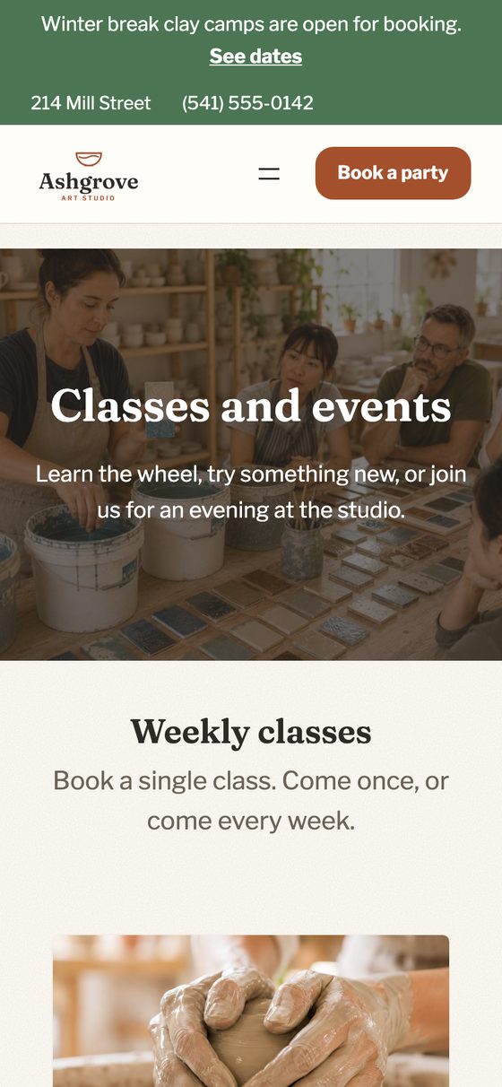 The classes and events list in the Warm and cozy style