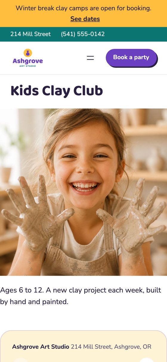 A class page, Kids Clay Club, with its dates