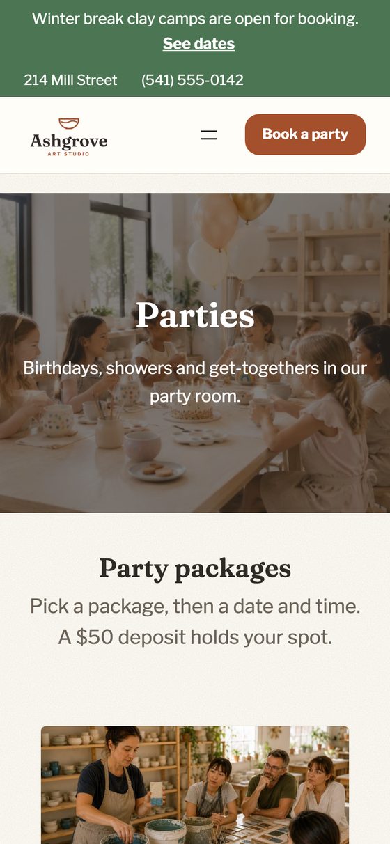 The parties page with its packages