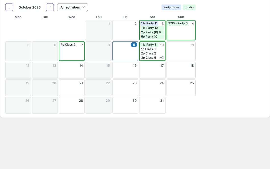 The bookings calendar for a month, with parties and classes on their days, by room