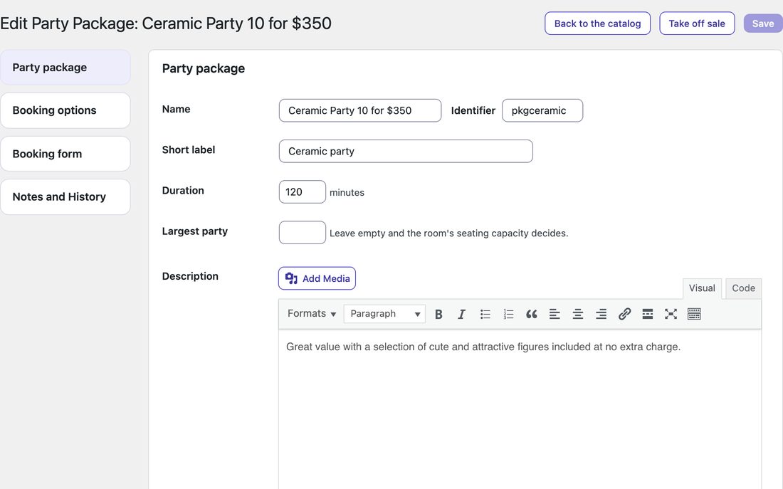 A party package: name, length, largest party, deposit