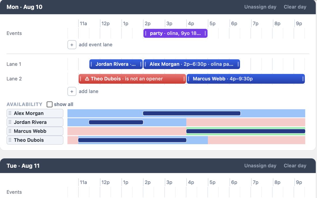 The week builder: shifts on lanes per day, each staff member's availability underneath, a party on the events lane