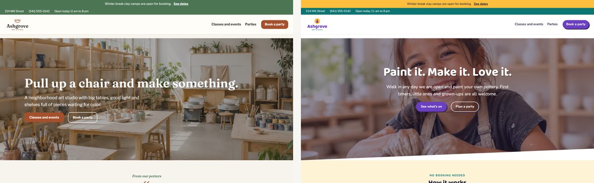 Two demo sites of the same studio side by side, in two styles