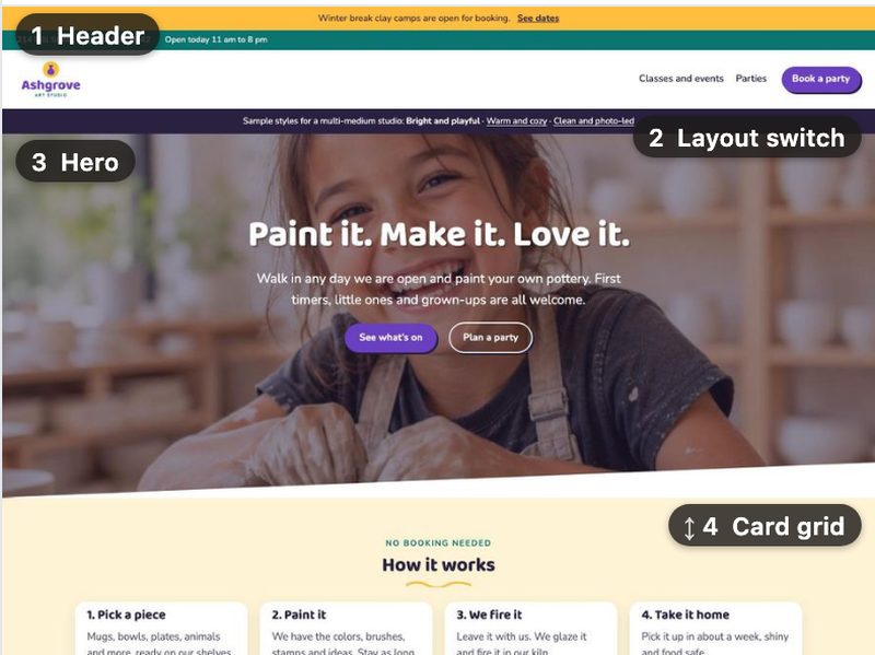 A sample site preview with numbered blocks that can be dragged into a new order
