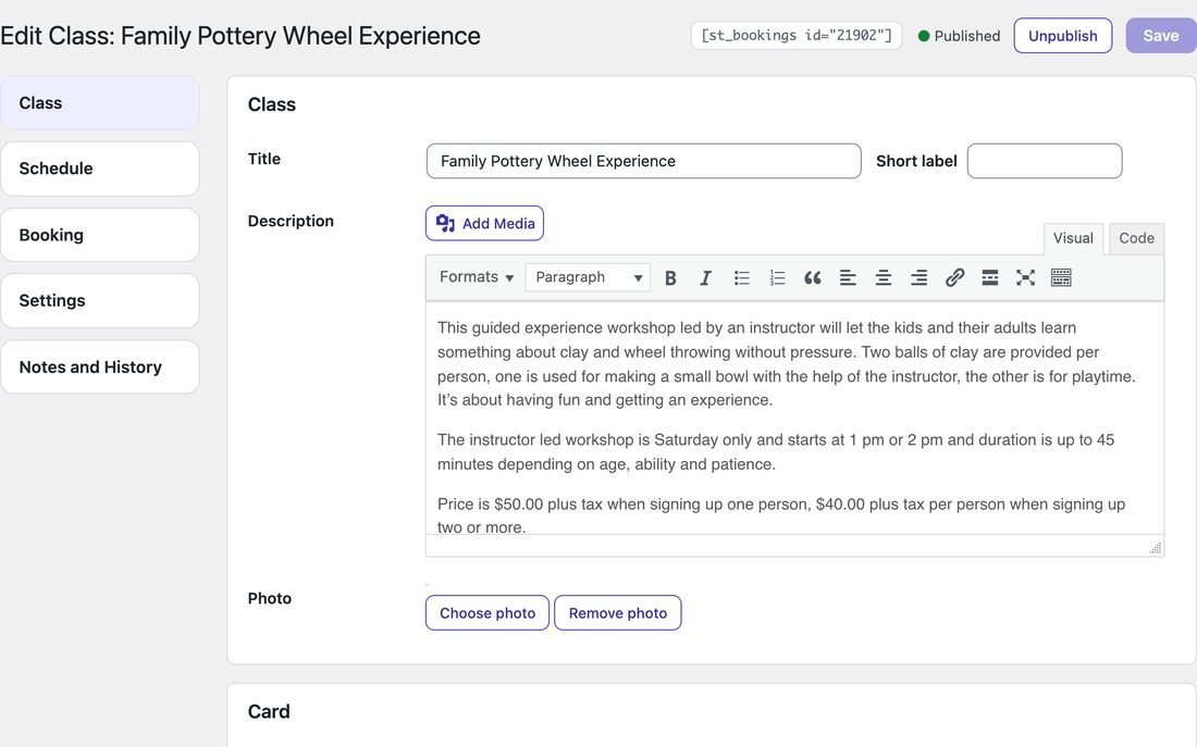 The owner's side: editing a class, its title and description, in the booking site's admin