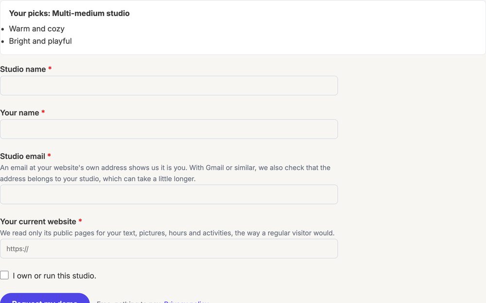 The demo request form: studio name, your name, email and website