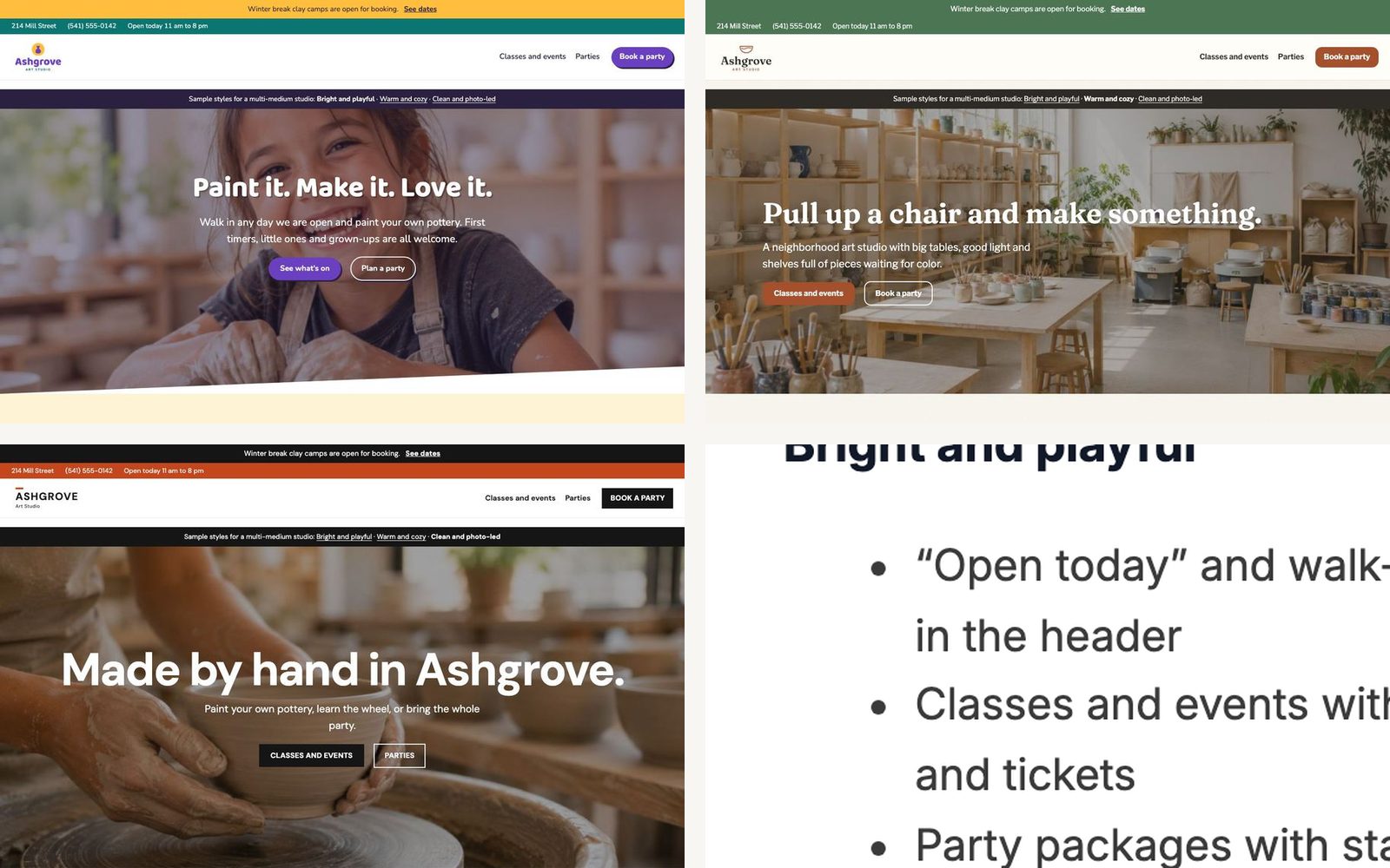 The three sample styles on the style page: Bright and playful, Warm and cozy, Clean and photo-led