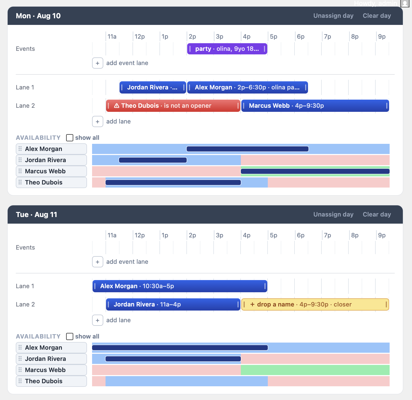 Weekly schedule builder: day cards with event lanes, staff shifts, conflict warnings, and per-person availability